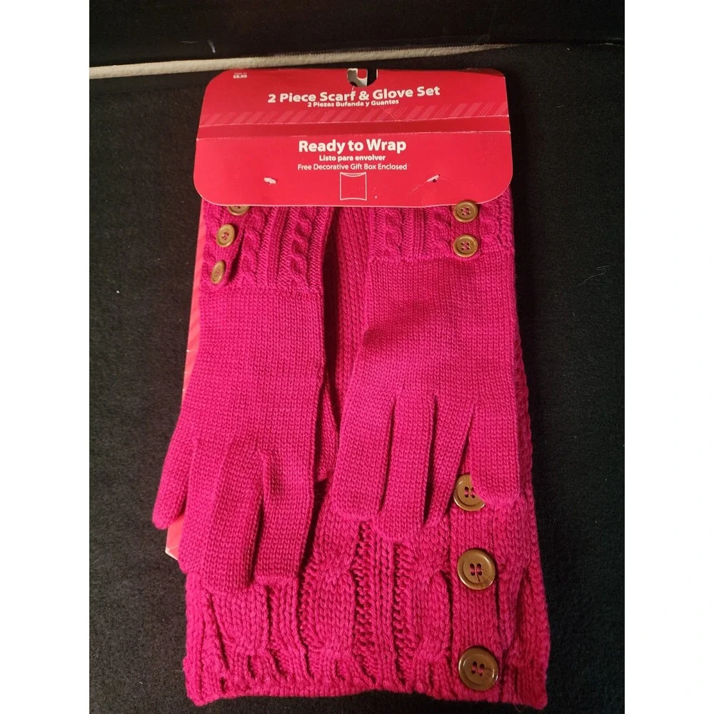 Walmart Fuchsia Pink Cable Knit Scarf and Glove Set with Buttons WMA48107 NEW